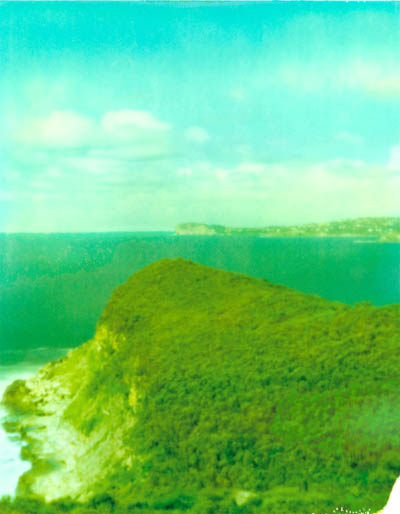A green coastal headland and surrounding water seen from above.