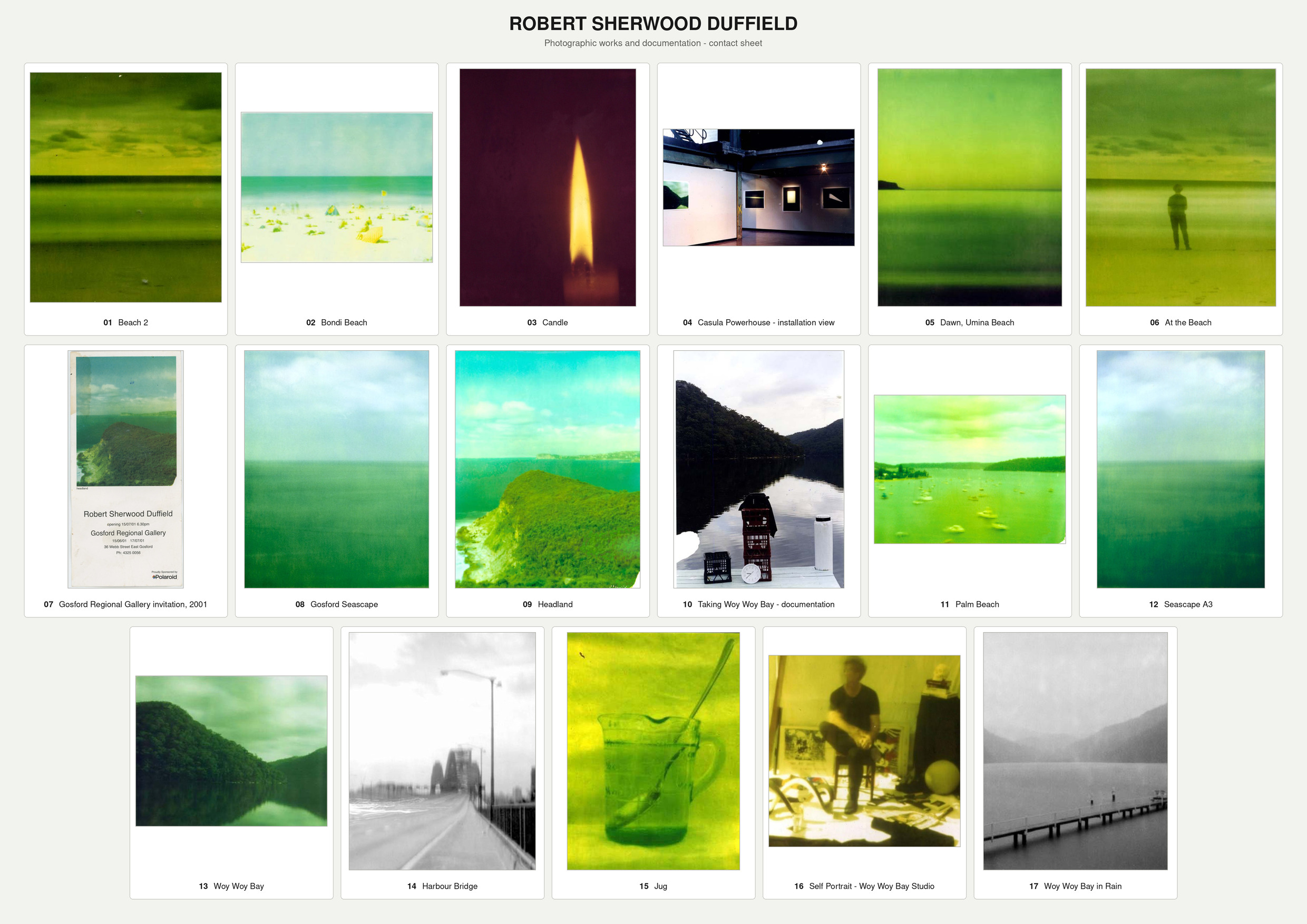 Contact sheet showing seventeen pinhole photographs and related documentation in three rows.